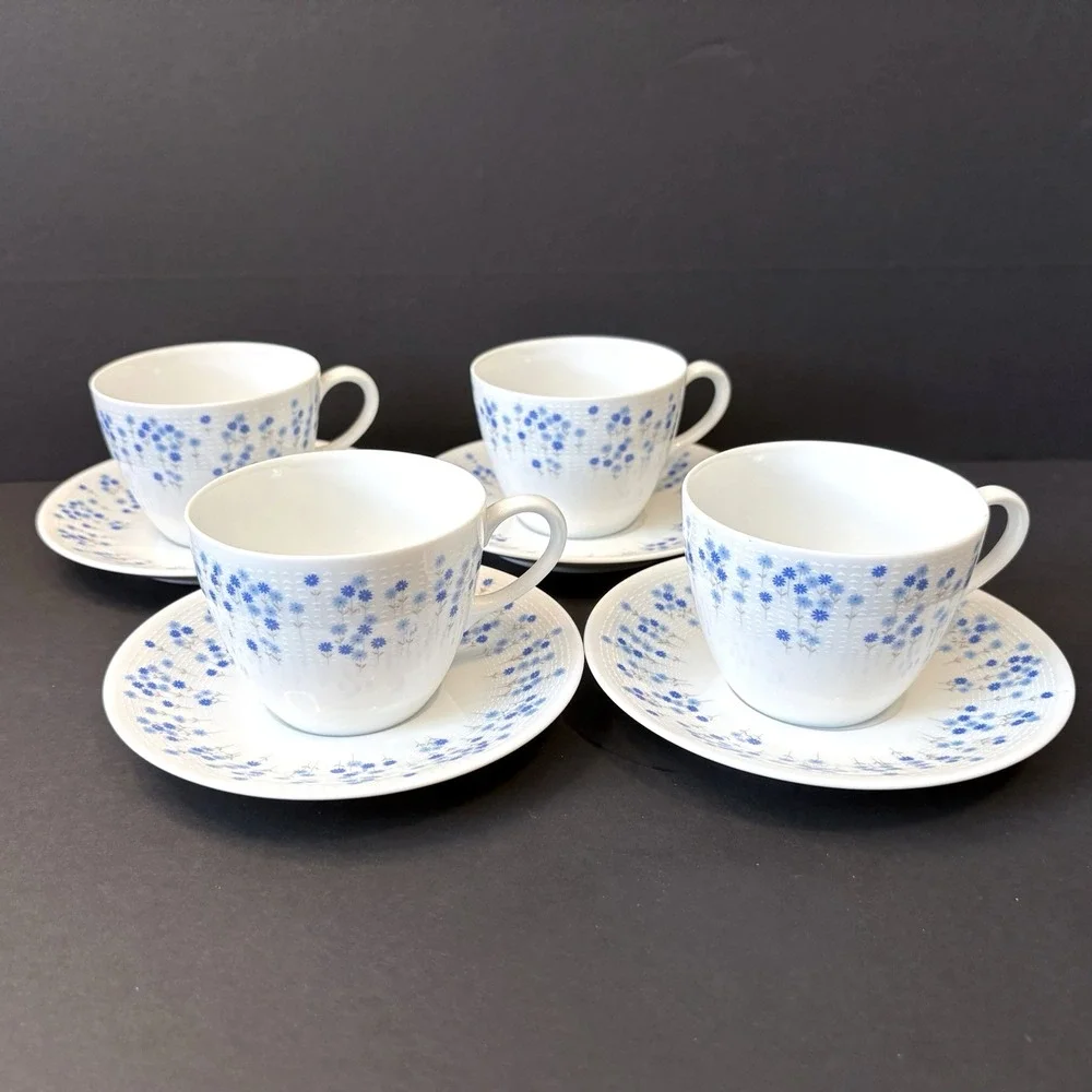 4 Sets Sheffield Rhapsody #503 Blue Floral Cups & Saucers MCM Japan